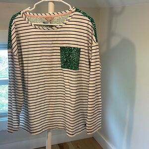 NWT Joules 3/4 Sleeve Tee Shirt Blouse White Navy Stripe with Green Ditsy, 10